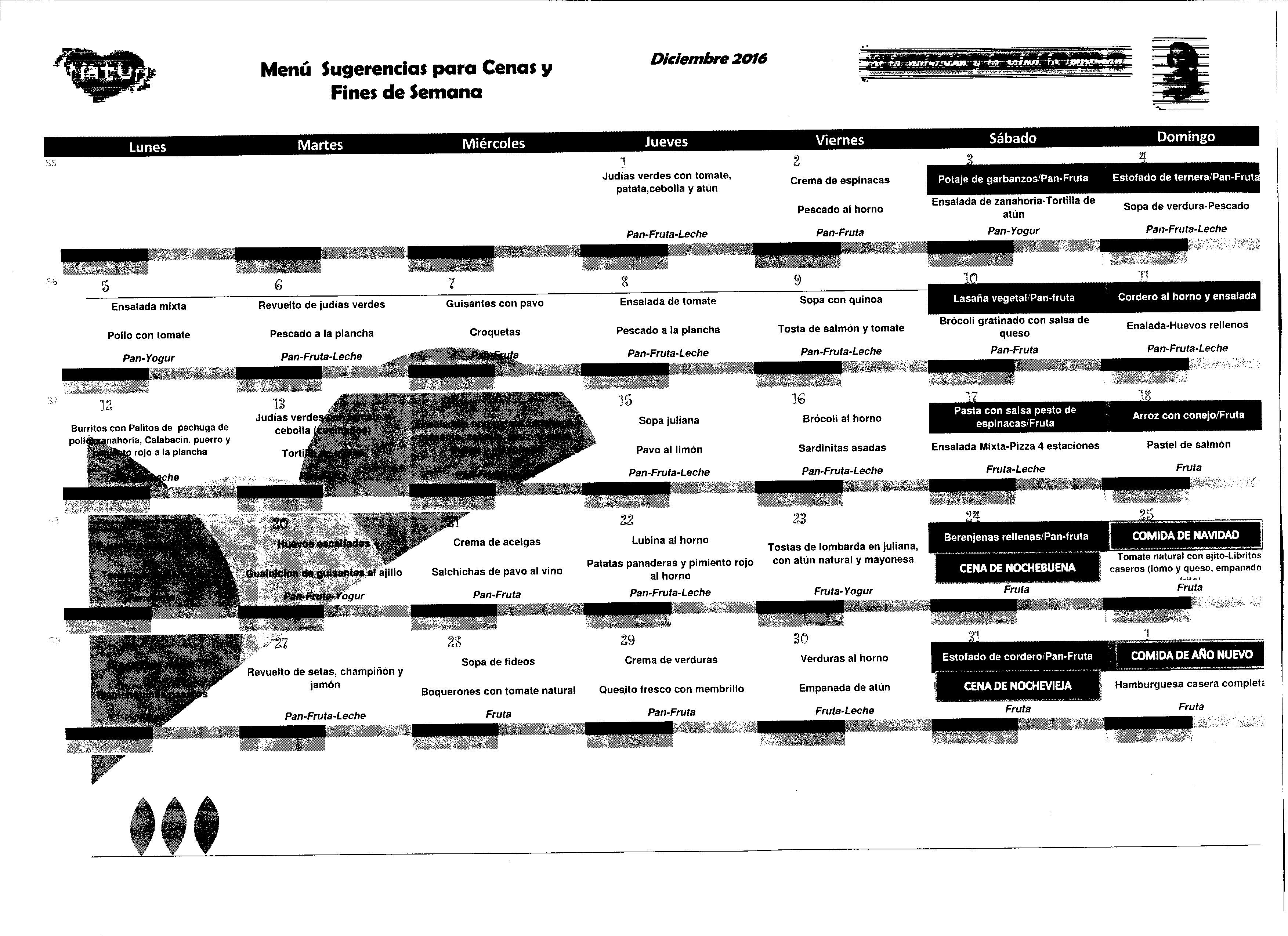 MENÚ COMEDOR ESCOLARDICIEMBRE 2016 CEIP San José de Calasanz, Membrilla (Ciudad Real)